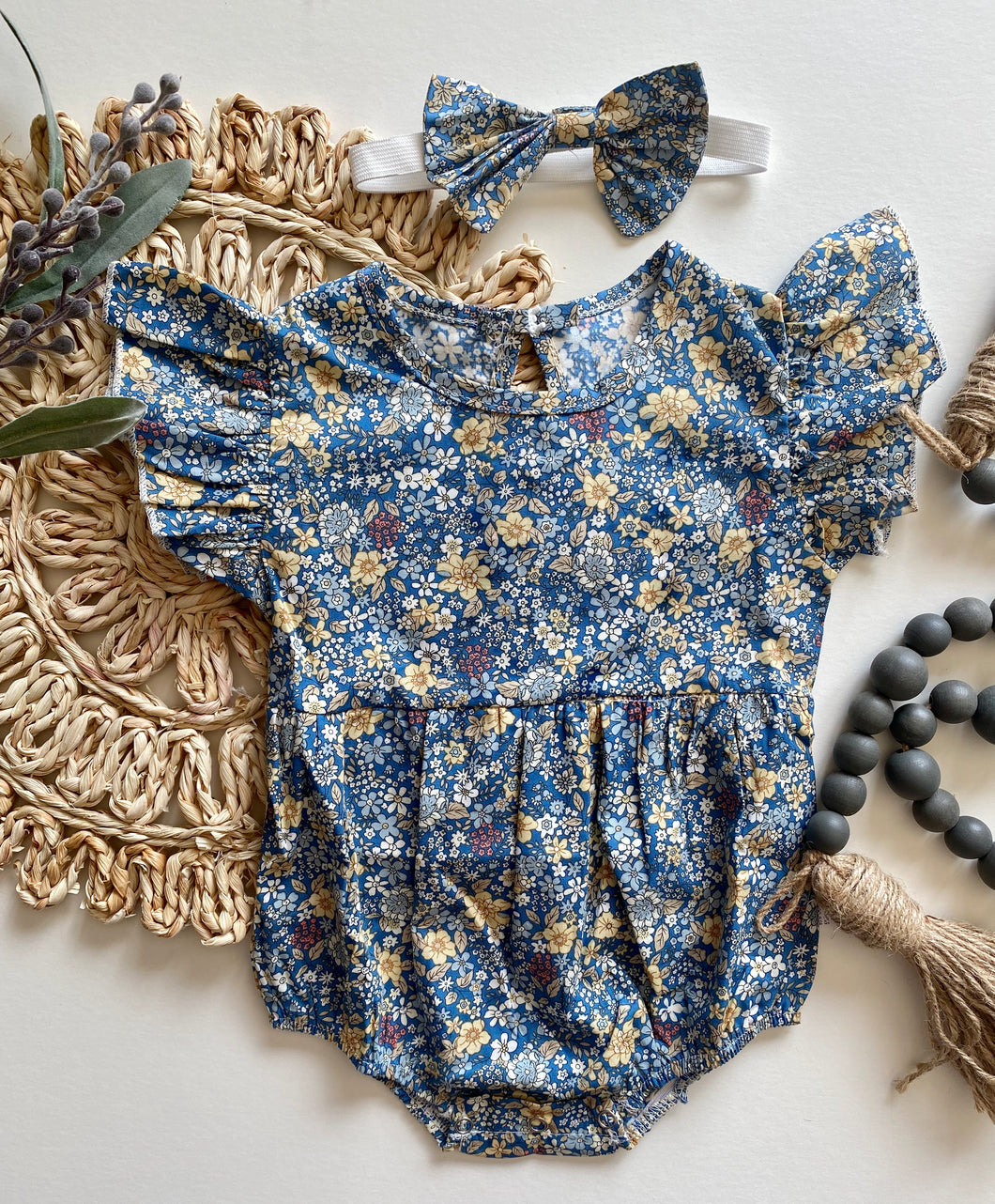 Blue Floral Romper with Headband